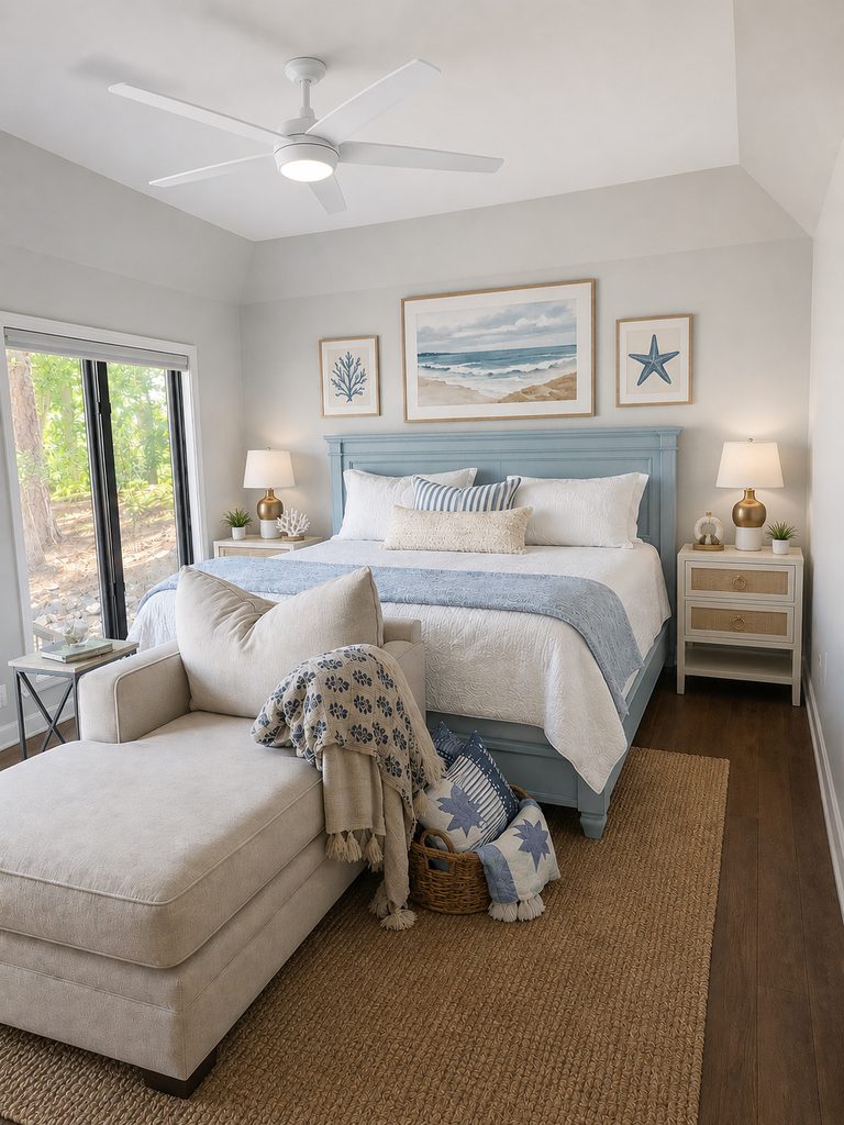 Coastal blue bedroom with pastel blue accents