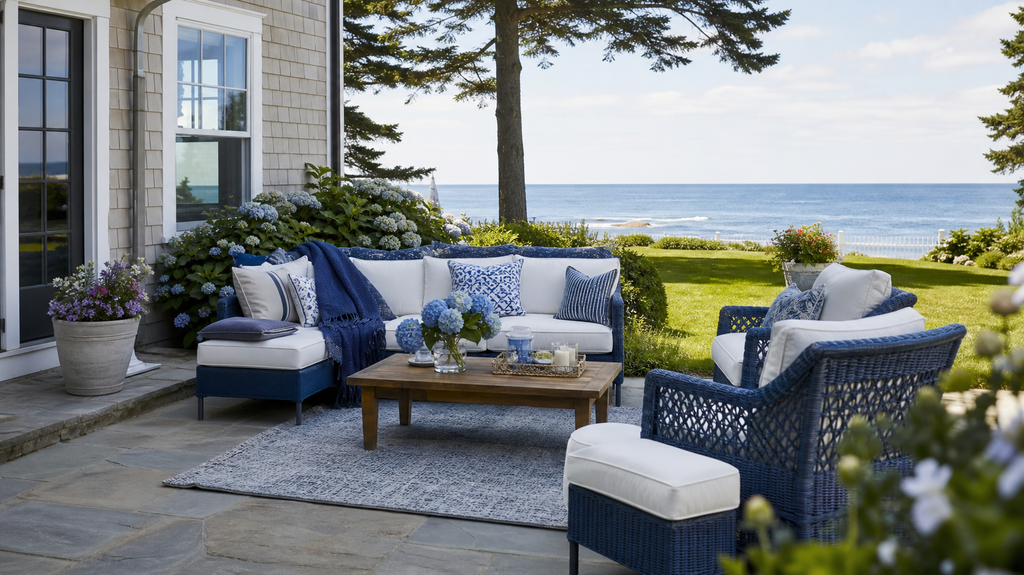 Cozy coastal backyard patio with blue and white couches and chairs during summer
